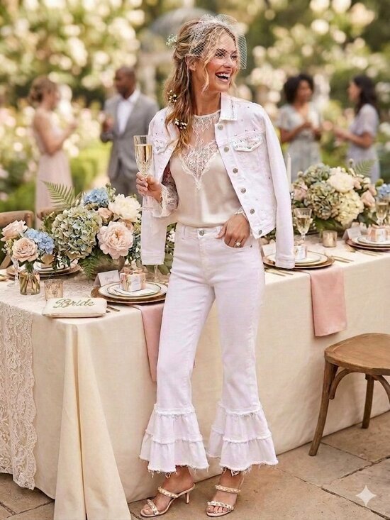 cinq a sept Pants - Cinq à Sept White Petal Ethel Ruffle Cuff Denim Flare Jeans Sz 6 Bridal Brunch